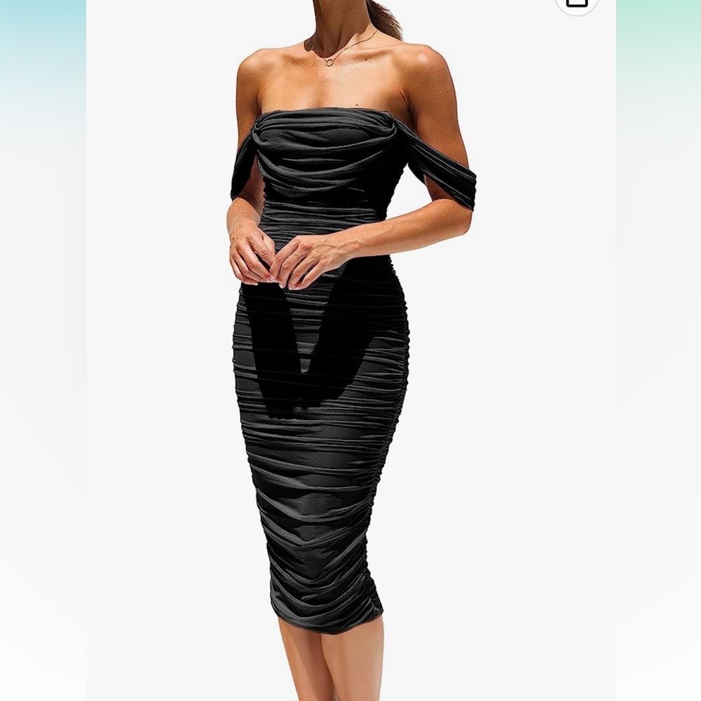 Off The Shoulder Ruched Bodycon Midi Dress